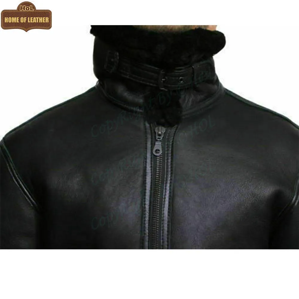1001- B3 RAF Flying Aviator Real Fur Bomber Black Winter Genuine Leather Jacket | Sale