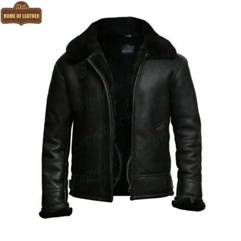 1001- B3 RAF Flying Aviator Real Fur Bomber Black Winter Genuine Leather Jacket | Sale