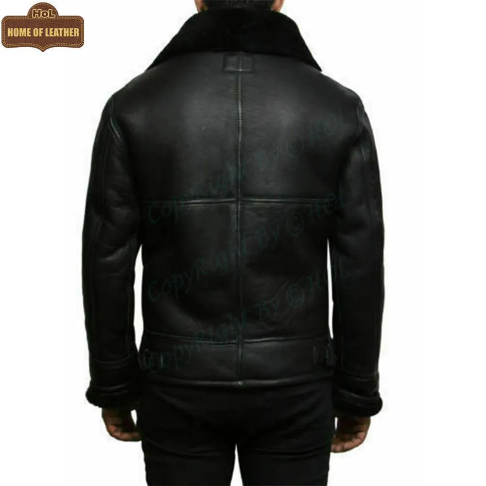 1001- B3 RAF Flying Aviator Real Fur Bomber Black Winter Genuine Leather Jacket | Sale
