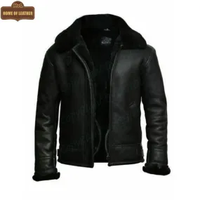 1001- B3 RAF Flying Aviator Real Fur Bomber Black Winter Genuine Leather Jacket | Sale