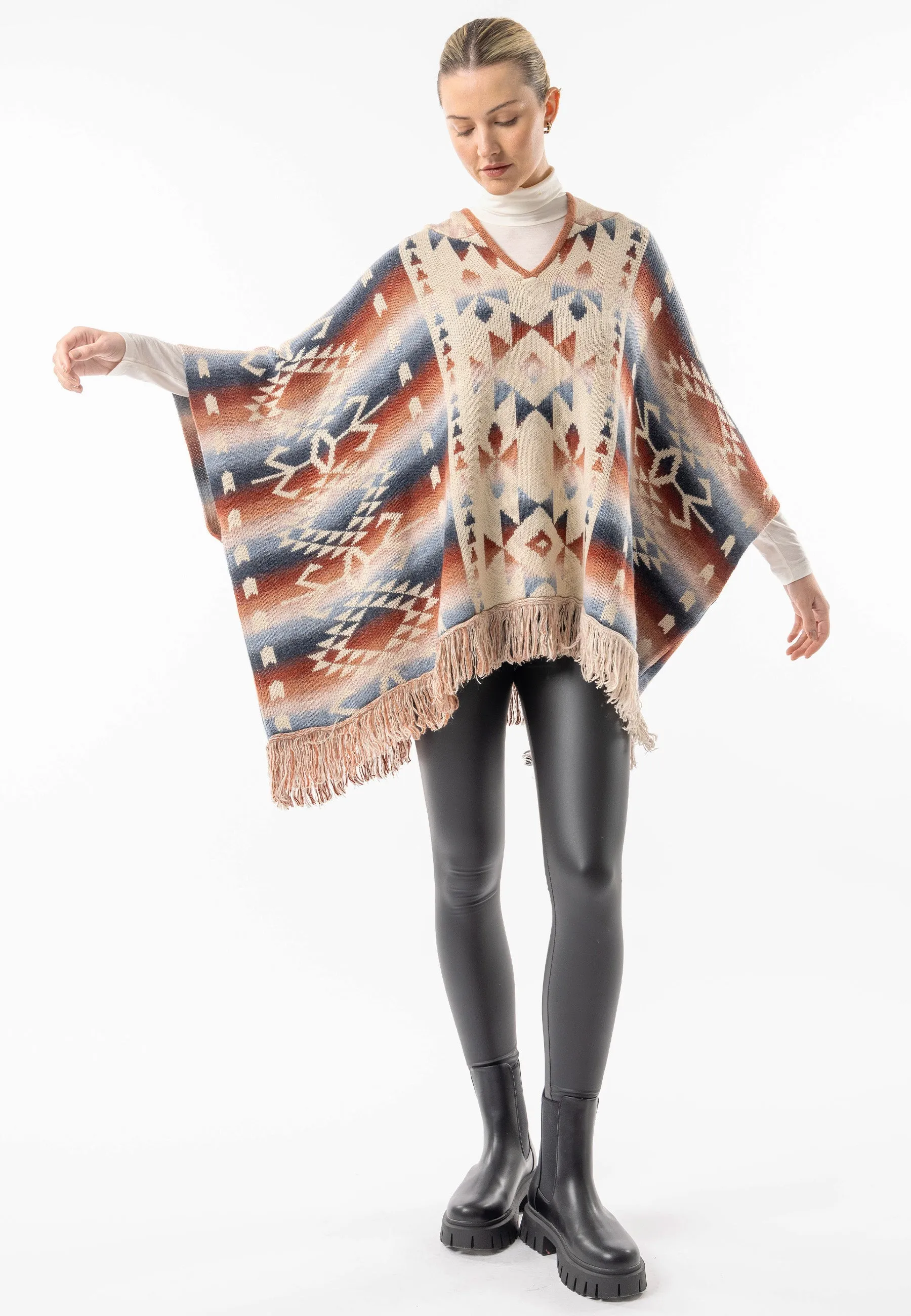(2P. PACK) Californian Hooded Batwing Poncho with Fringe