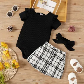 2pcs Baby Girl Black Cotton Ruffle Short-sleeve Romper and Tweed Skirt Set