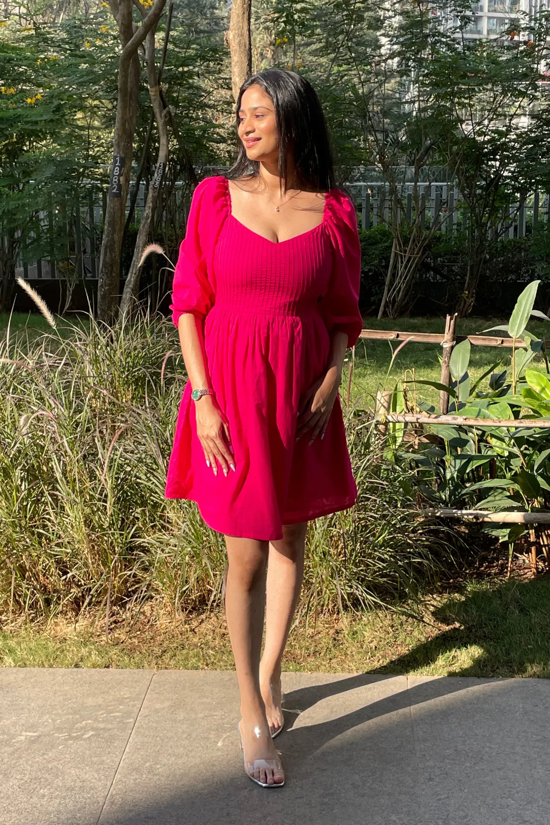 Alora - Hot Pink Pin Tucks Mini Skater Dress