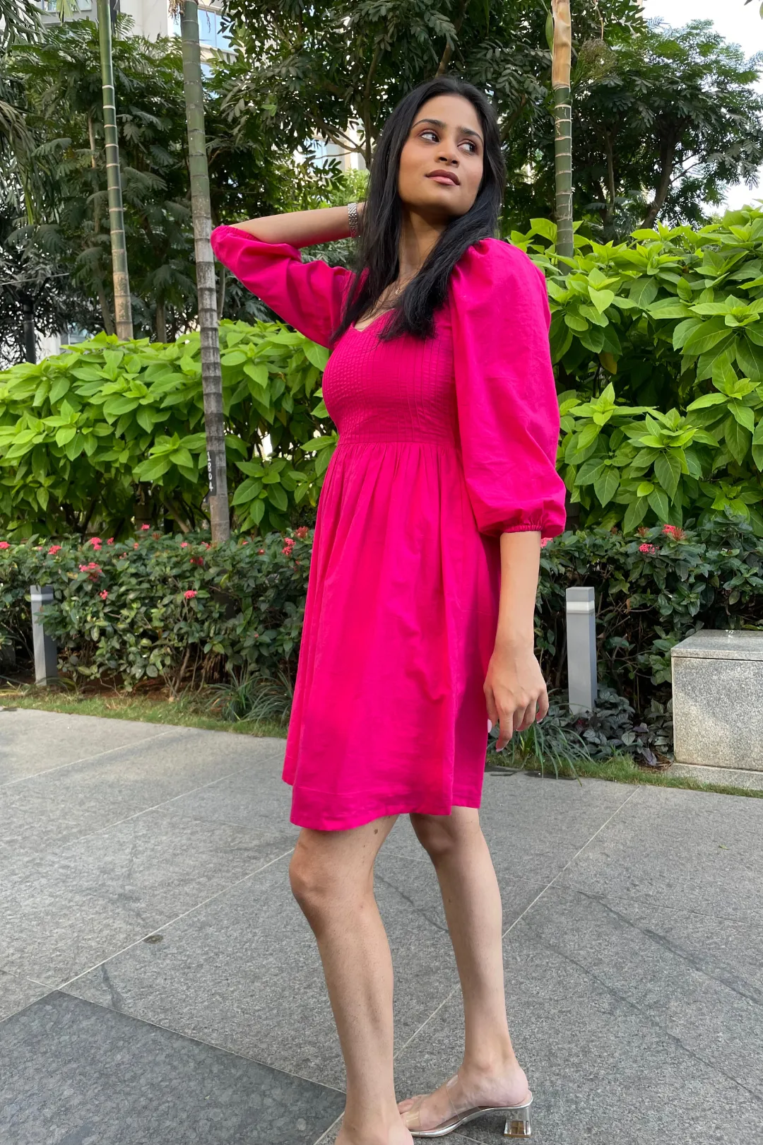Alora - Hot Pink Pin Tucks Mini Skater Dress