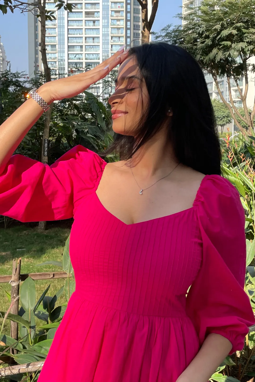 Alora - Hot Pink Pin Tucks Mini Skater Dress