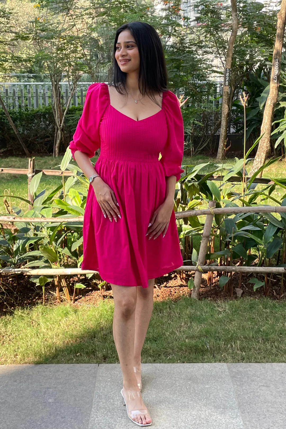 Alora - Hot Pink Pin Tucks Mini Skater Dress