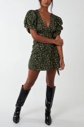 Animal Ruched Sleeve Wrap Mini Dress