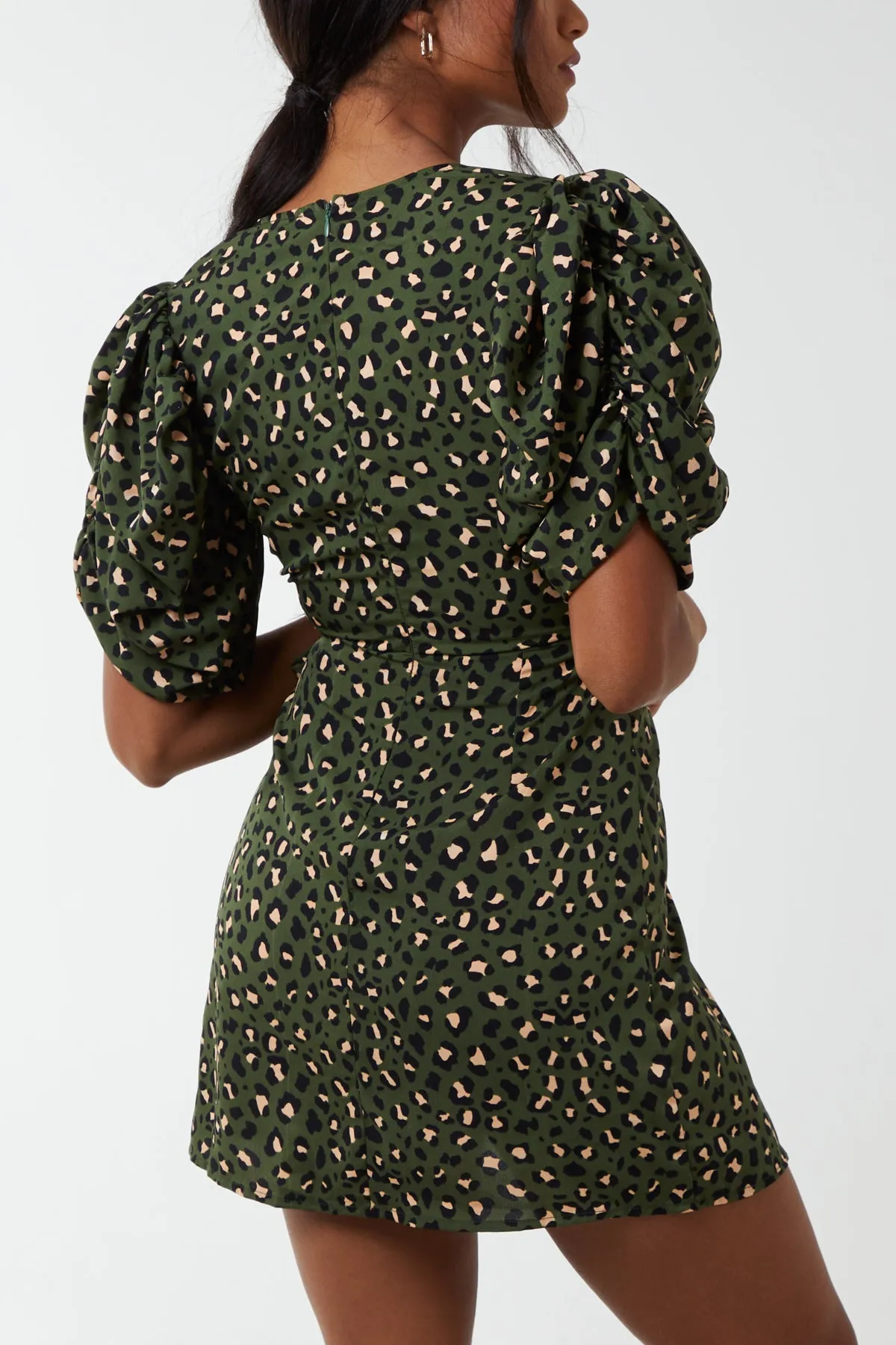 Animal Ruched Sleeve Wrap Mini Dress