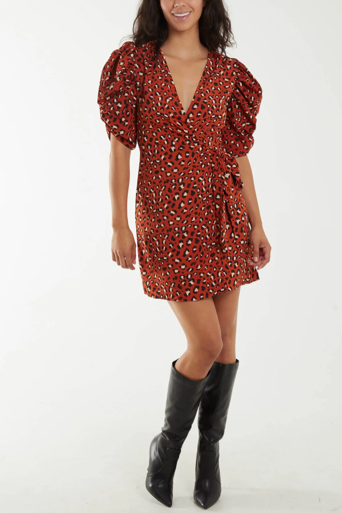 Animal Ruched Sleeve Wrap Mini Dress