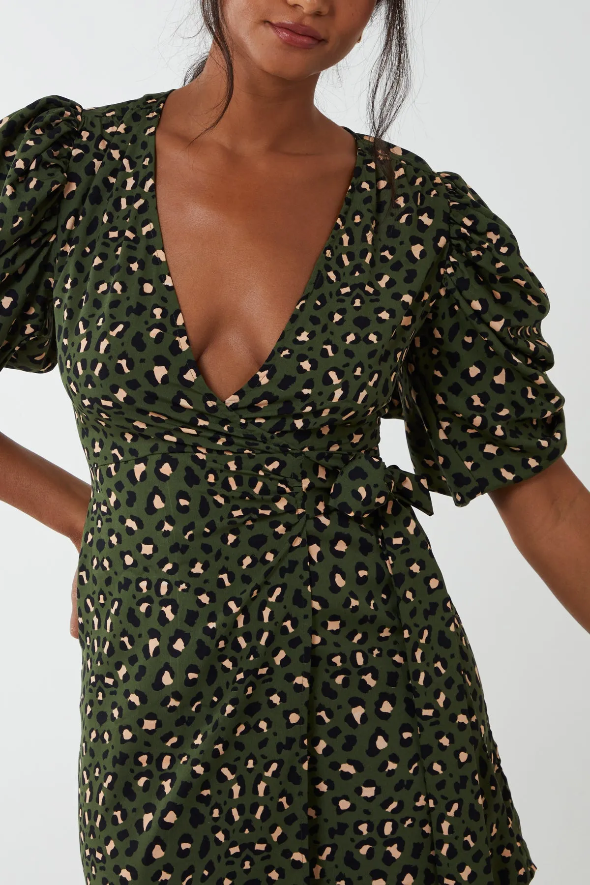Animal Ruched Sleeve Wrap Mini Dress