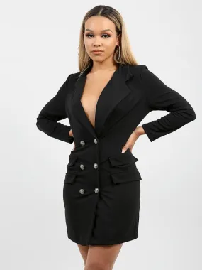 Anna Button Front Plunge Blazer Dress In Black