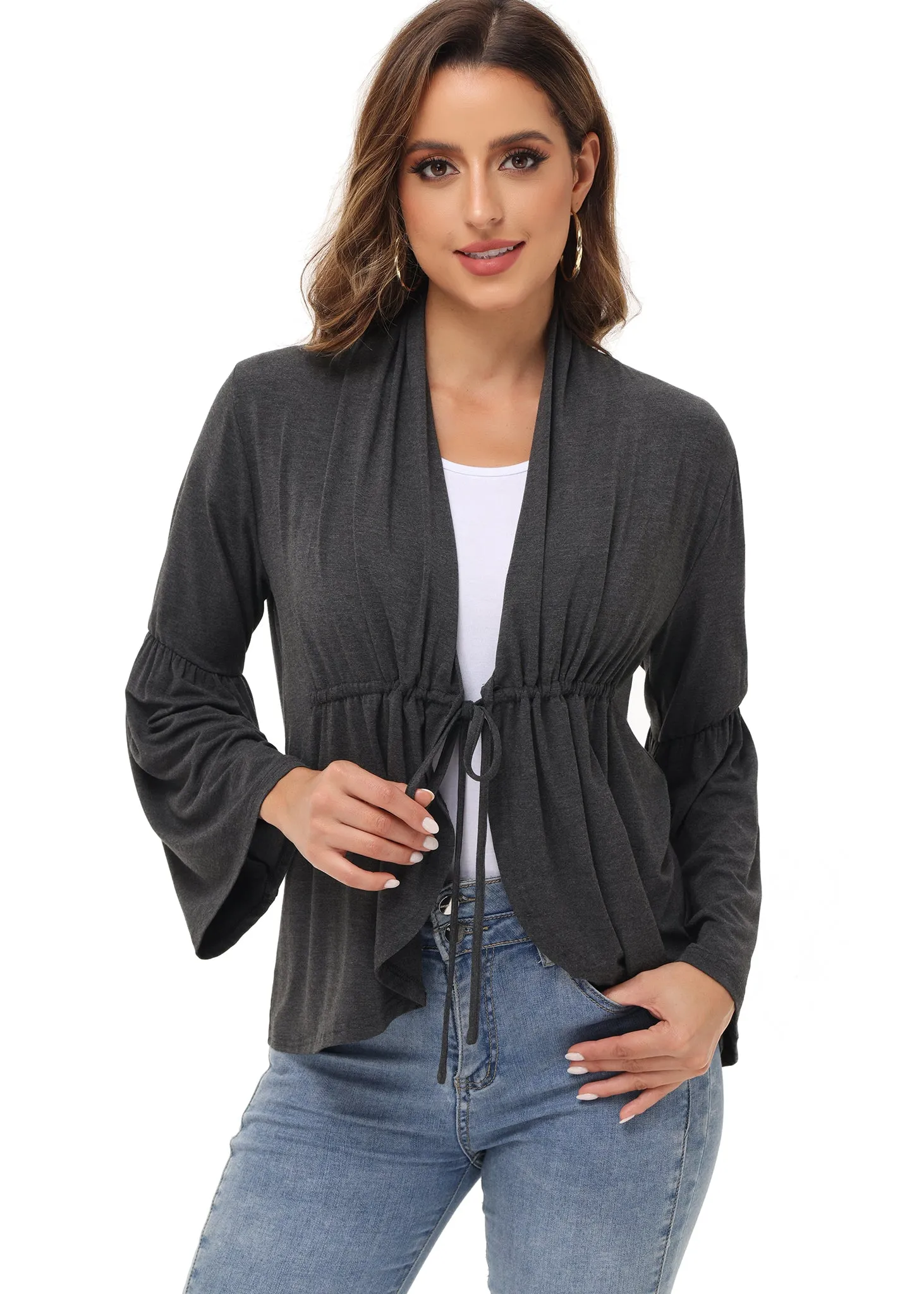 Anna-Kaci Women's Casual Lightweight Open Front Cardigans Soft Draped Ruffles Flare Sleeve Cardigan