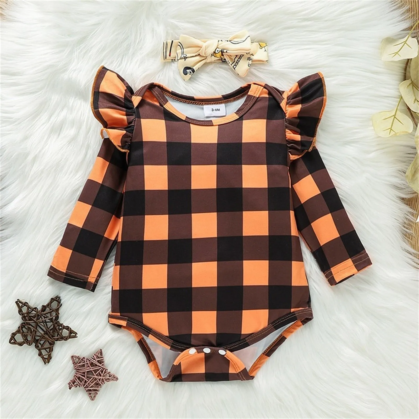 Baby Girls Halloween Plaid Ruffle Long Sleeves Romper Suspender Skirts with Headband
