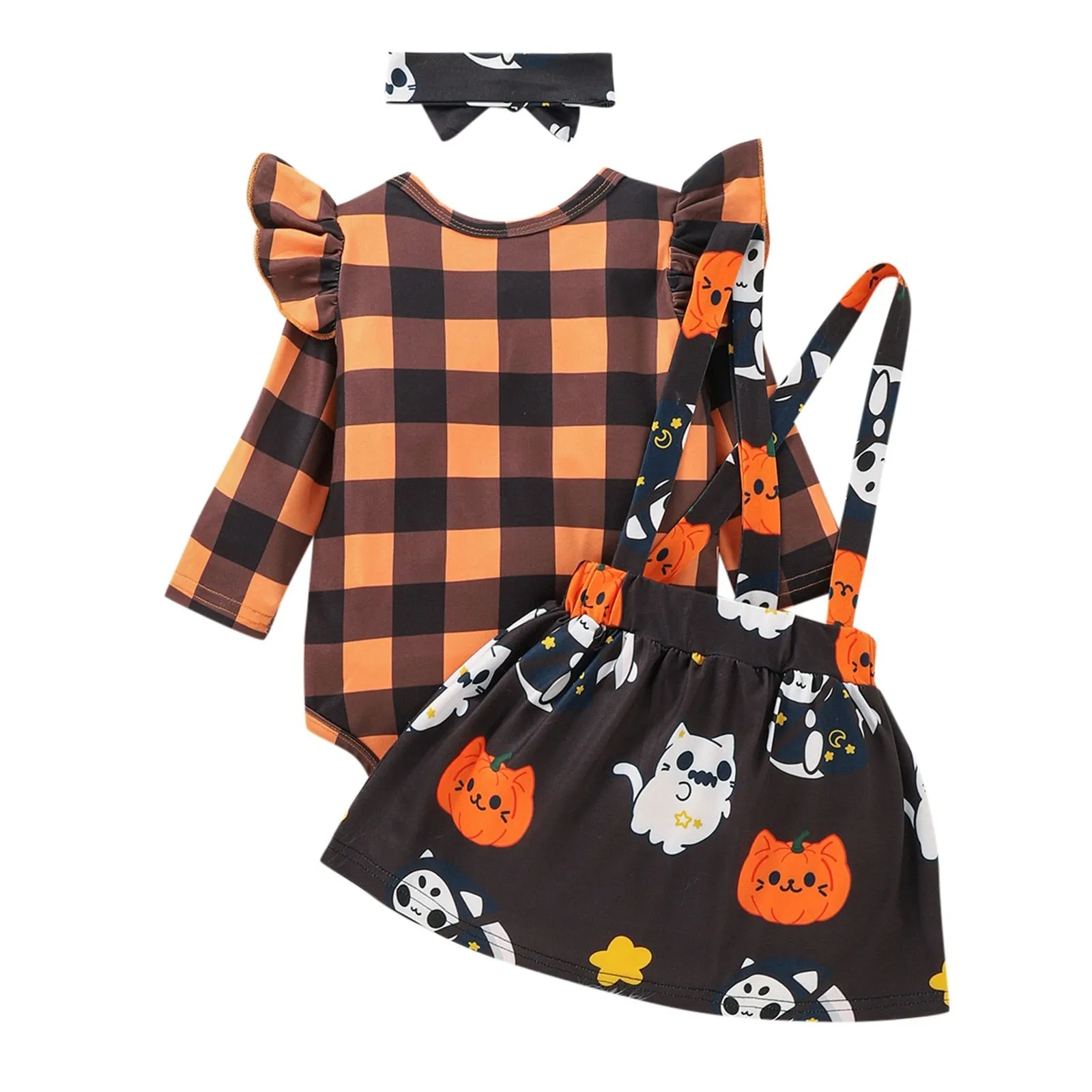 Baby Girls Halloween Plaid Ruffle Long Sleeves Romper Suspender Skirts with Headband