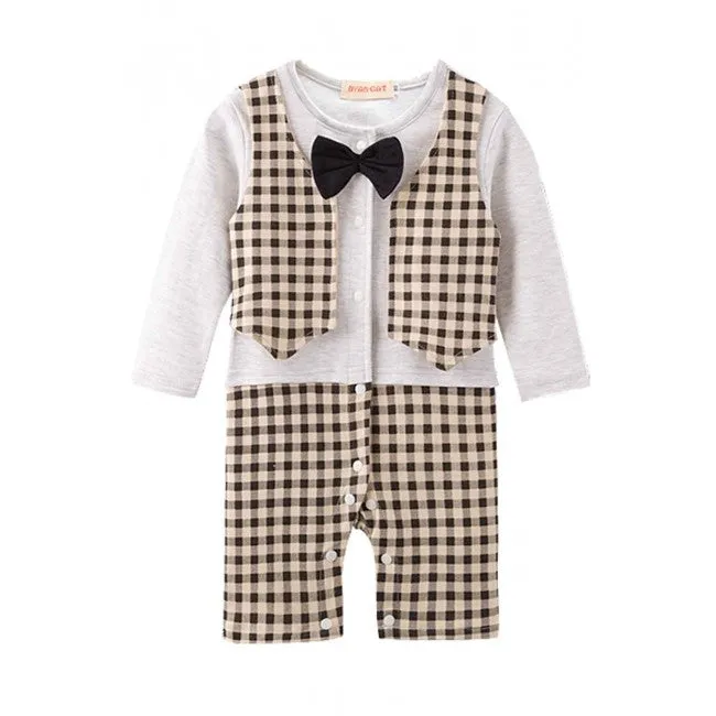 Baby Romper Formal Bowtie Checks Vest Tuxedo Romper