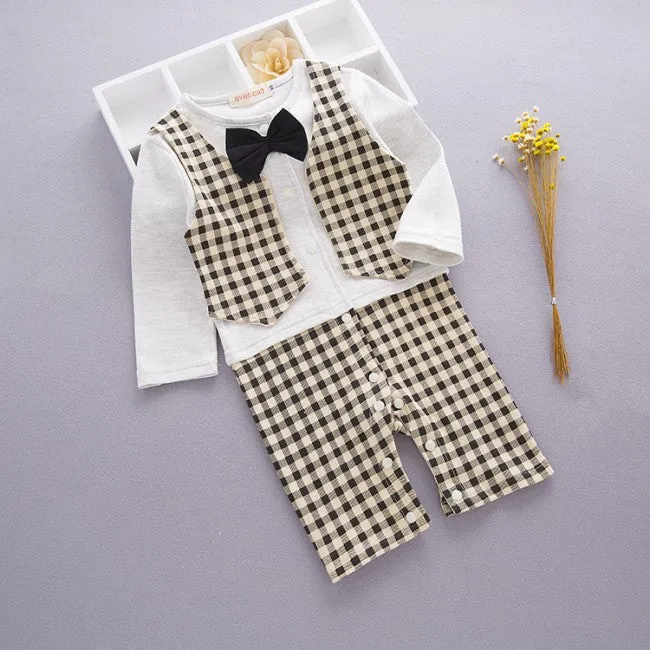 Baby Romper Formal Bowtie Checks Vest Tuxedo Romper