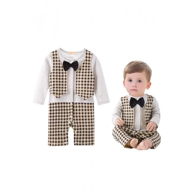 Baby Romper Formal Bowtie Checks Vest Tuxedo Romper