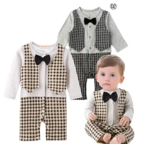 Baby Romper Formal Bowtie Checks Vest Tuxedo Romper