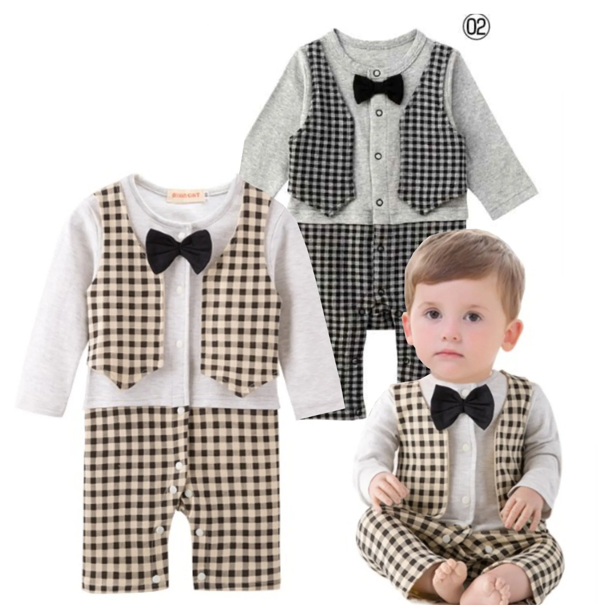 Baby Romper Formal Bowtie Checks Vest Tuxedo Romper