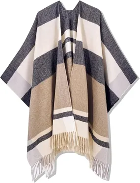 Beige-Khaki Winter Chic Plaid Poncho Cardigan