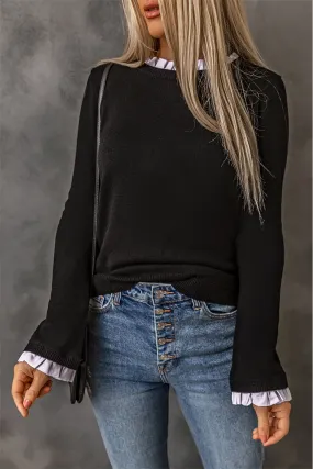 Black Solid Ruffled Crew Neck Knit Sweater