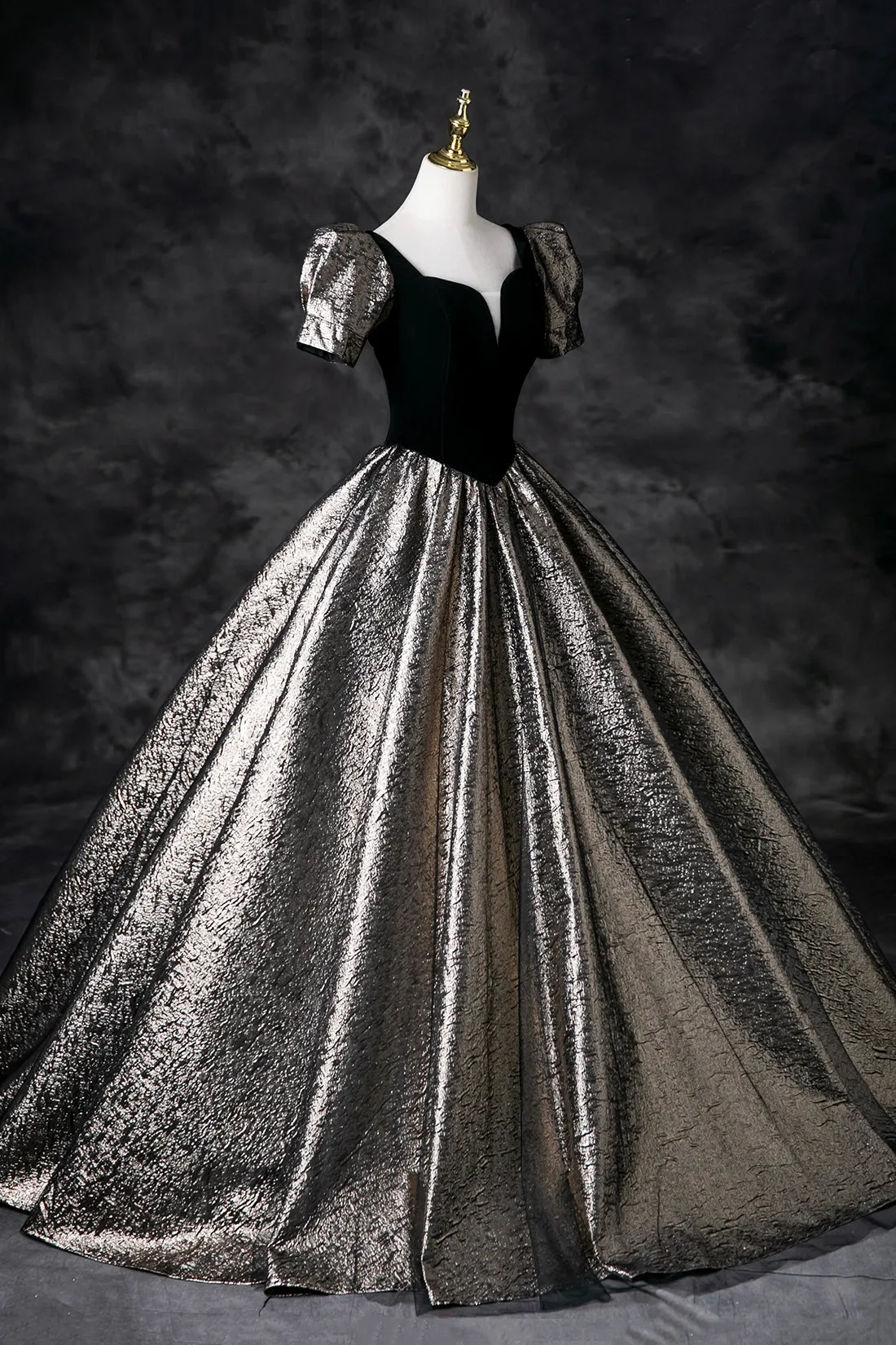 Black Velvet Glitter Prom Dresses, A-Line Short Sleeve Evening Party Dress