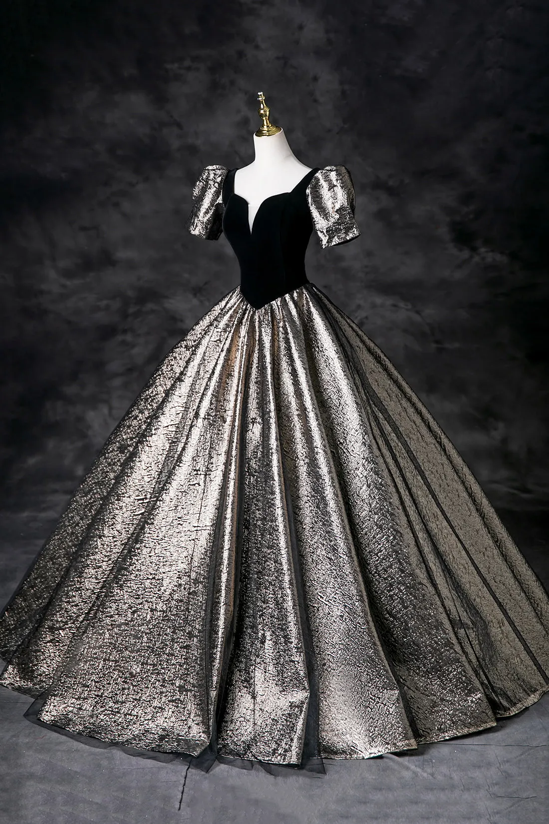 Black Velvet Glitter Prom Dresses, A-Line Short Sleeve Evening Party Dress
