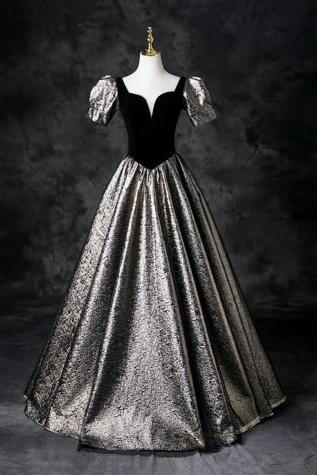Black Velvet Glitter Prom Dresses, A-Line Short Sleeve Evening Party Dress
