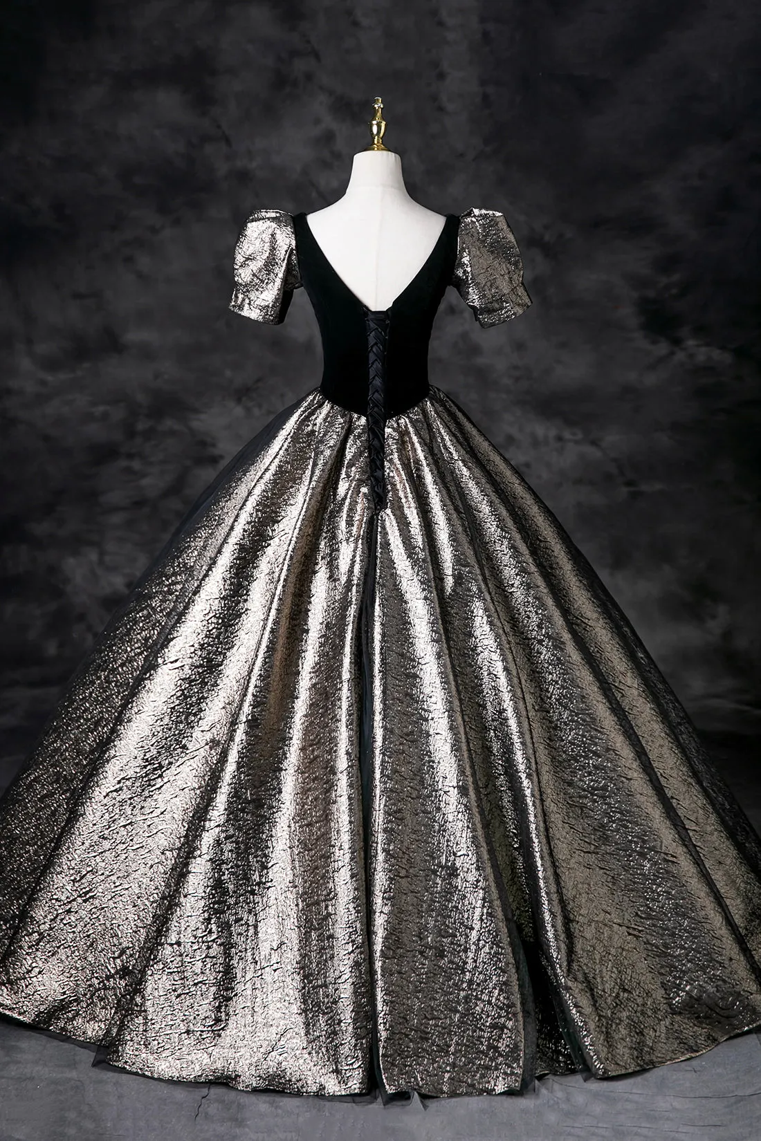 Black Velvet Glitter Prom Dresses, A-Line Short Sleeve Evening Party Dress