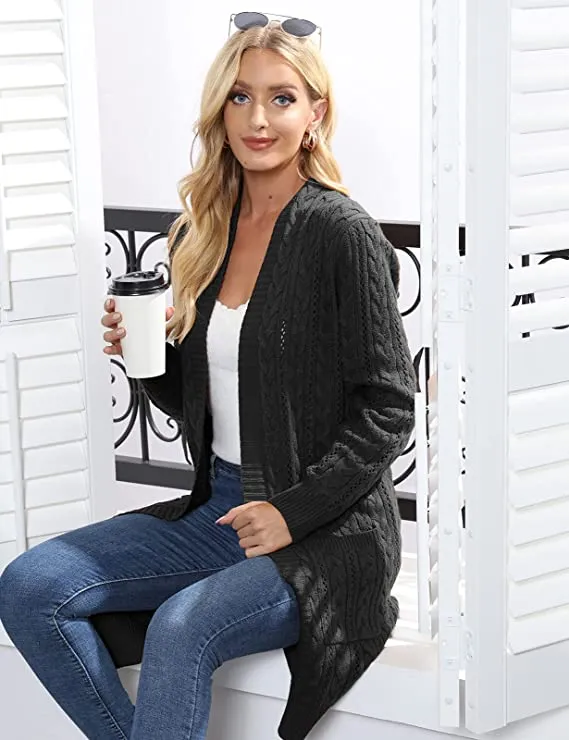 Black Women Open Front Cardigan Sweaters Pockets Long Sleeve Shrugs - GRACE KARIN