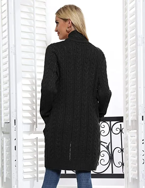 Black Women Open Front Cardigan Sweaters Pockets Long Sleeve Shrugs - GRACE KARIN