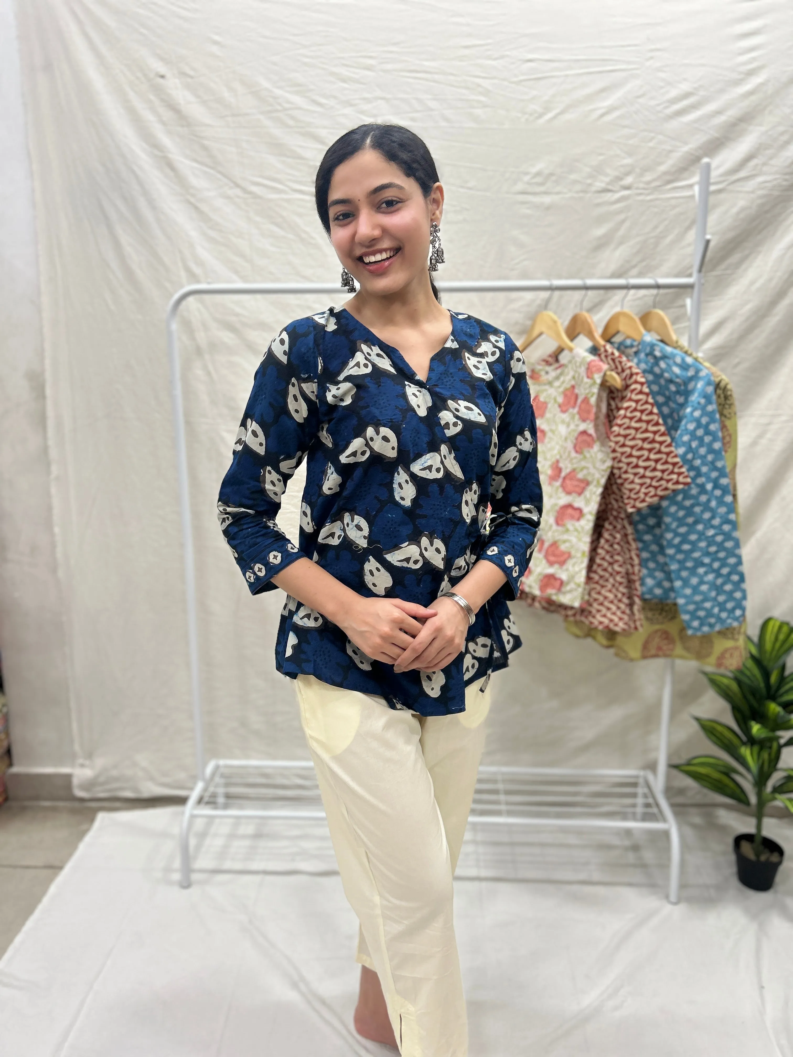 Block Printed Cotton Wrap Top Indigo