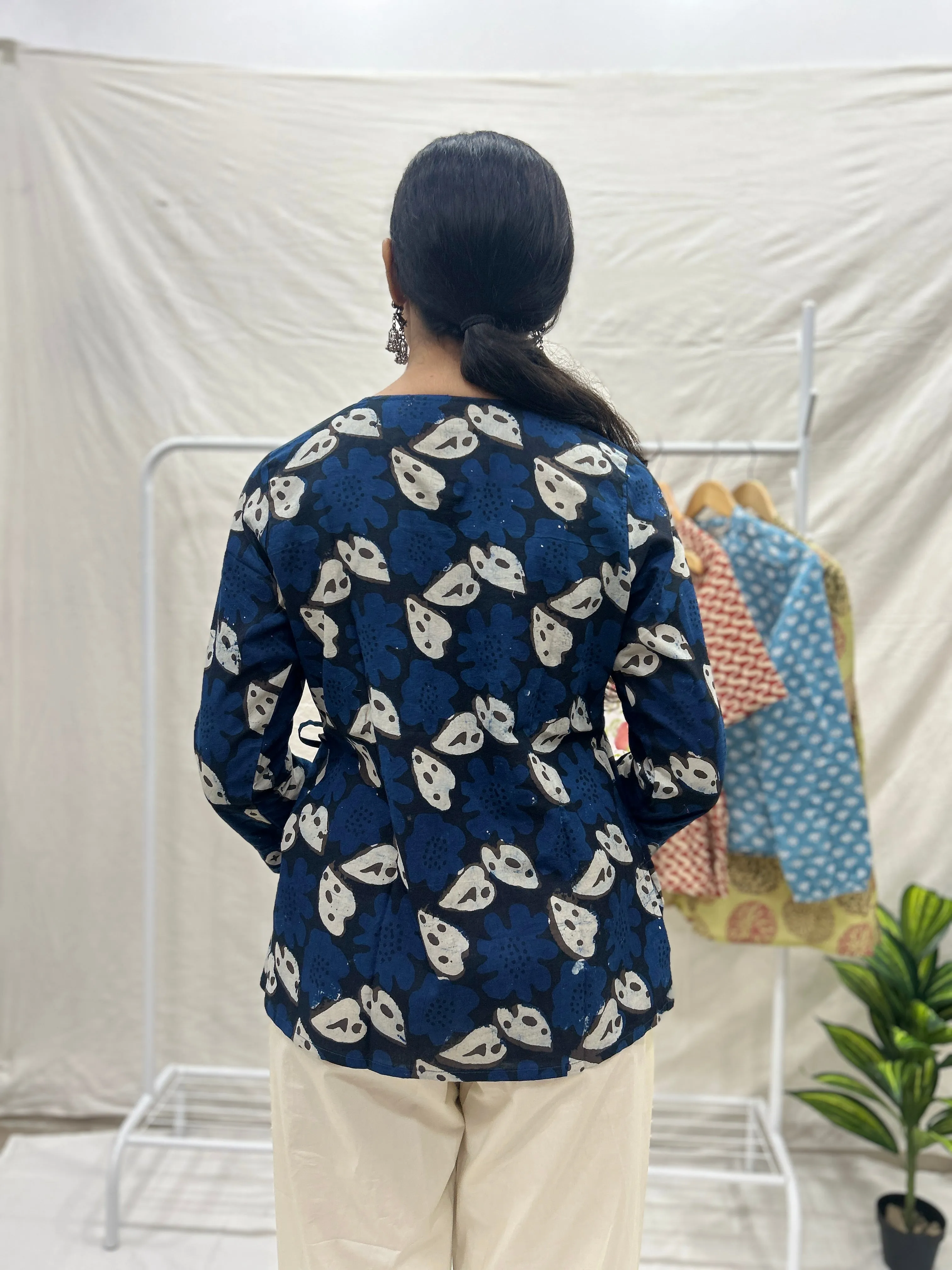 Block Printed Cotton Wrap Top Indigo