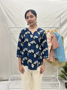 Block Printed Cotton Wrap Top Indigo