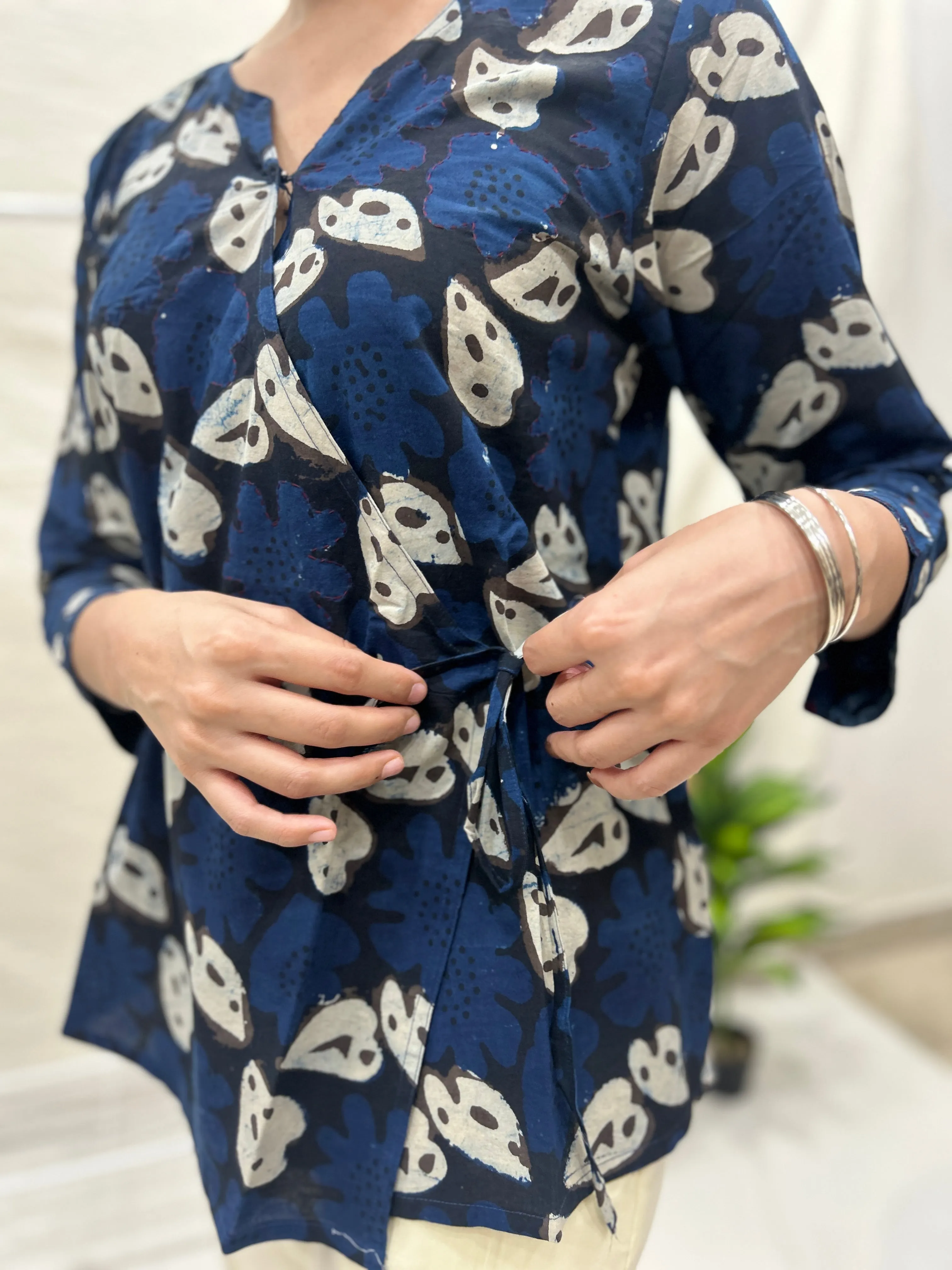 Block Printed Cotton Wrap Top Indigo