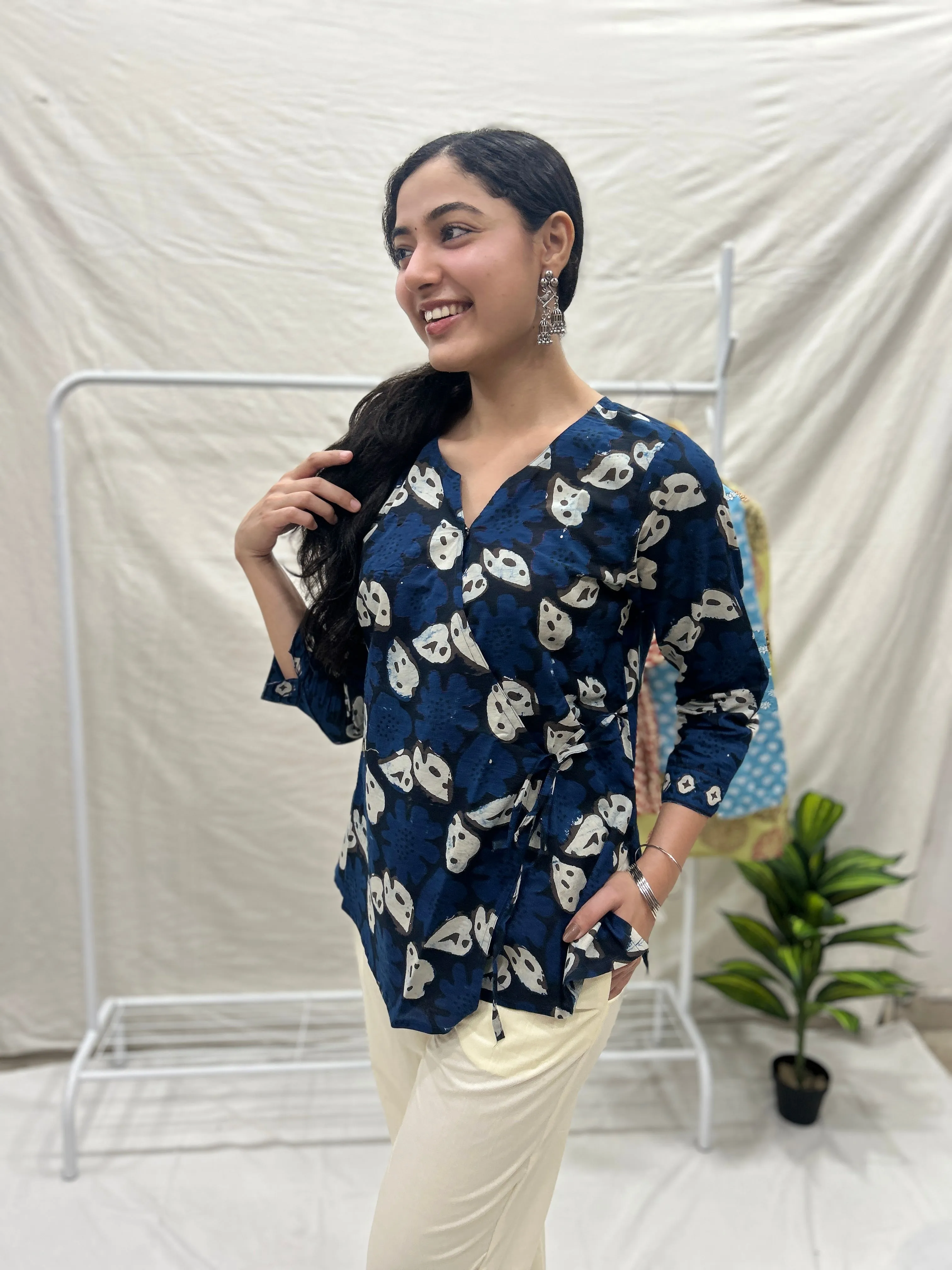 Block Printed Cotton Wrap Top Indigo