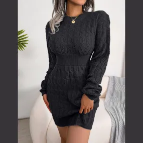 Cable-Knit Round Neck Mini Wrap Sweater Dress