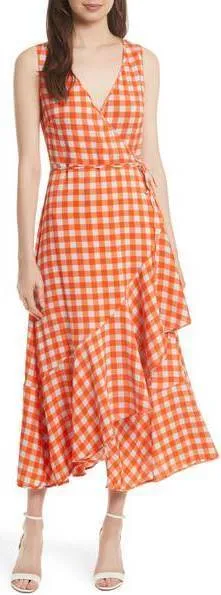 Check Ruffle Hem Wrap Dress