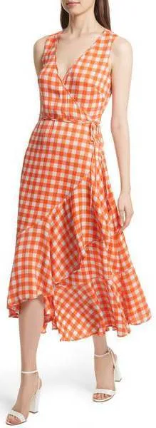 Check Ruffle Hem Wrap Dress