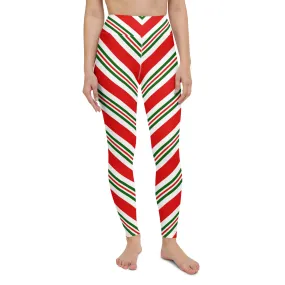 Christmas Candy Cane Leggings, High Waisted Red White Green Striped Elf Printed Yoga Workout Winter Party Women Pants