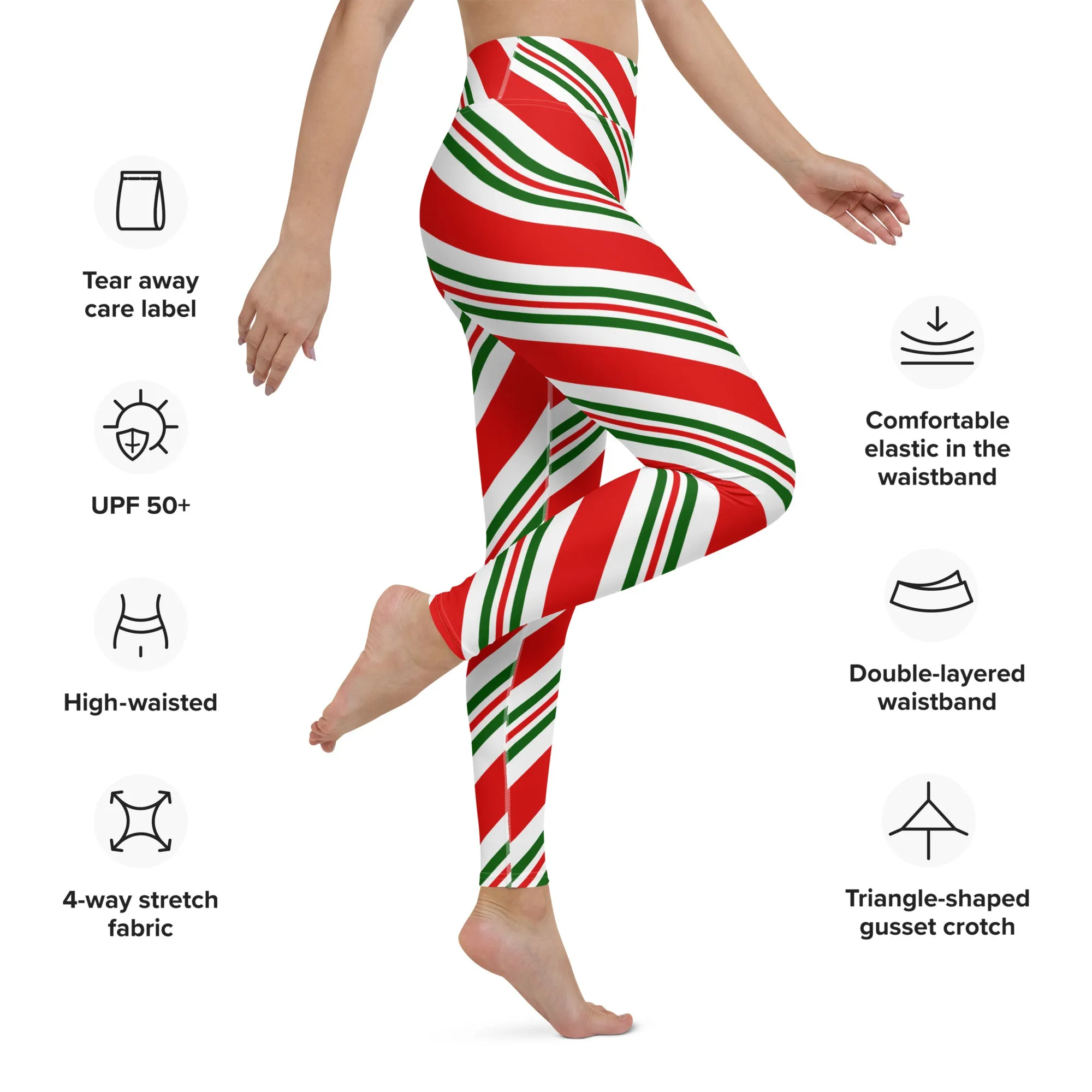 Christmas Candy Cane Leggings, High Waisted Red White Green Striped Elf Printed Yoga Workout Winter Party Women Pants