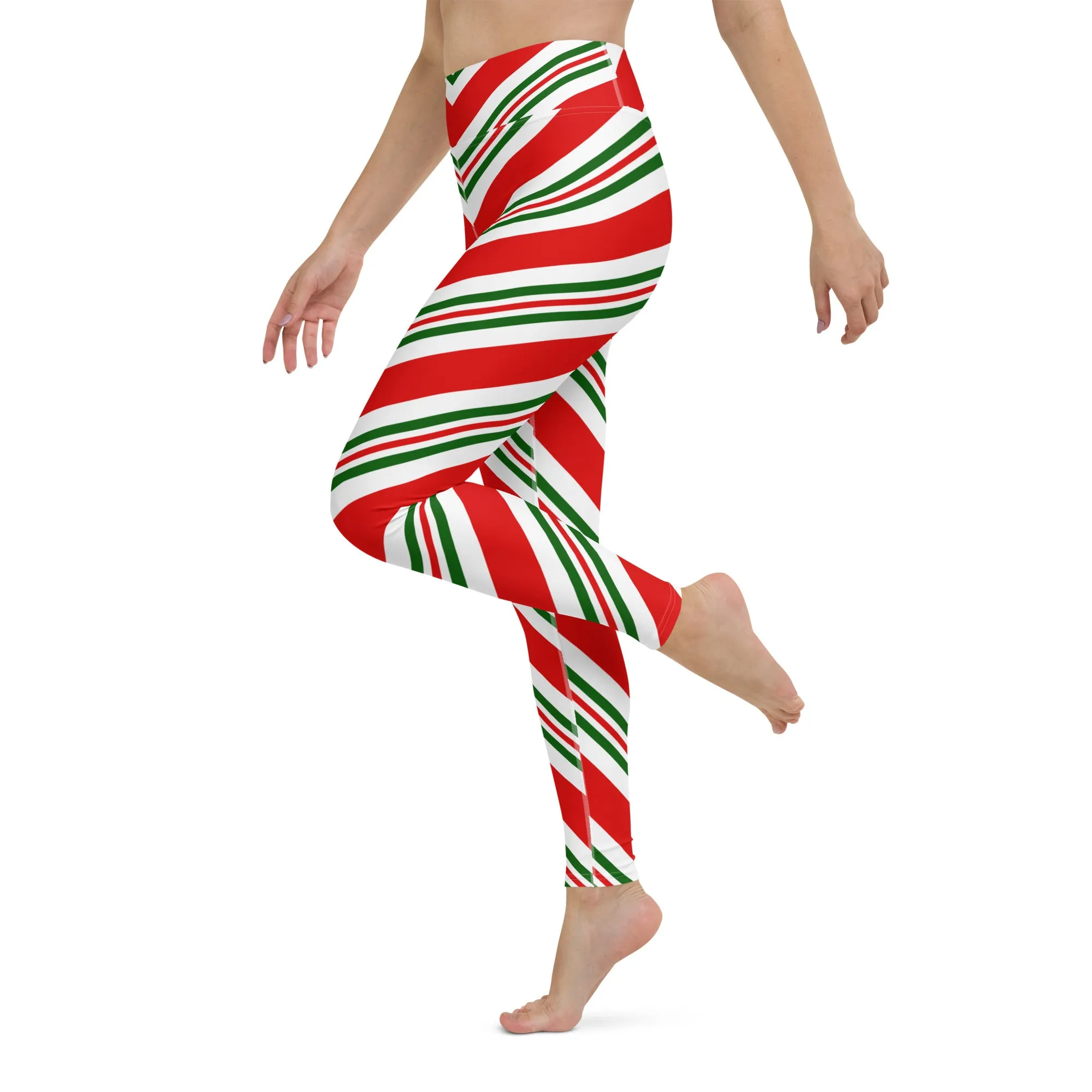 Christmas Candy Cane Leggings, High Waisted Red White Green Striped Elf Printed Yoga Workout Winter Party Women Pants