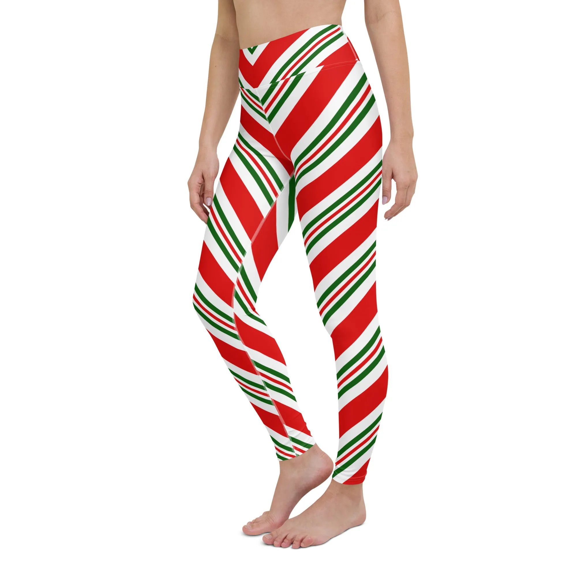Christmas Candy Cane Leggings, High Waisted Red White Green Striped Elf Printed Yoga Workout Winter Party Women Pants