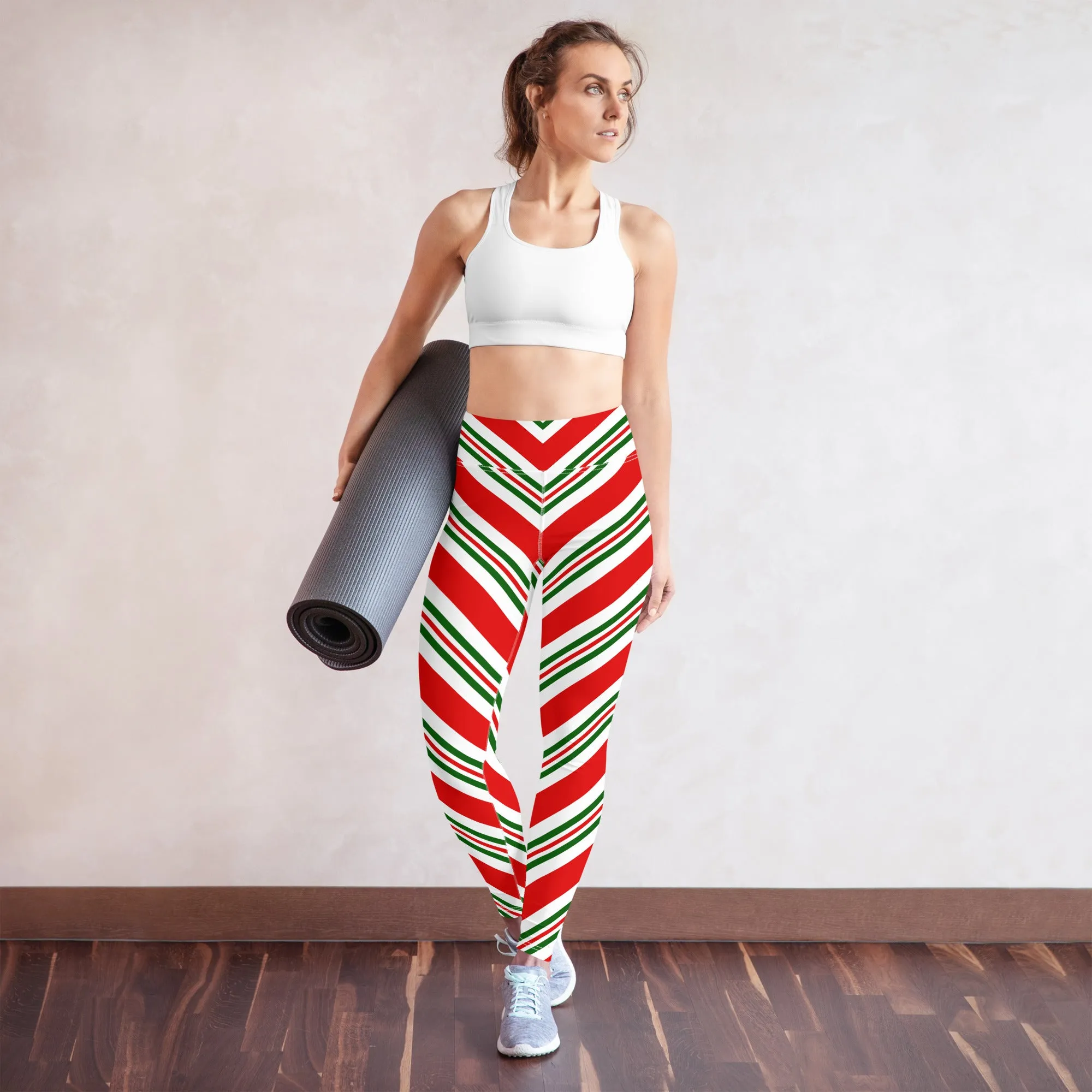 Christmas Candy Cane Leggings, High Waisted Red White Green Striped Elf Printed Yoga Workout Winter Party Women Pants