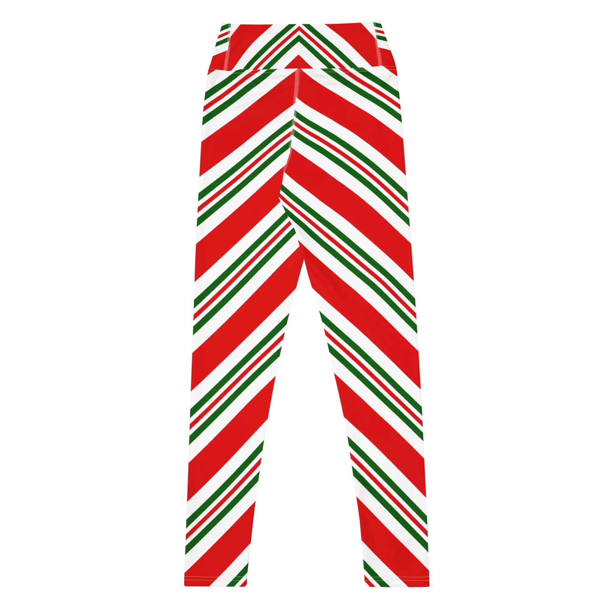 Christmas Candy Cane Leggings, High Waisted Red White Green Striped Elf Printed Yoga Workout Winter Party Women Pants