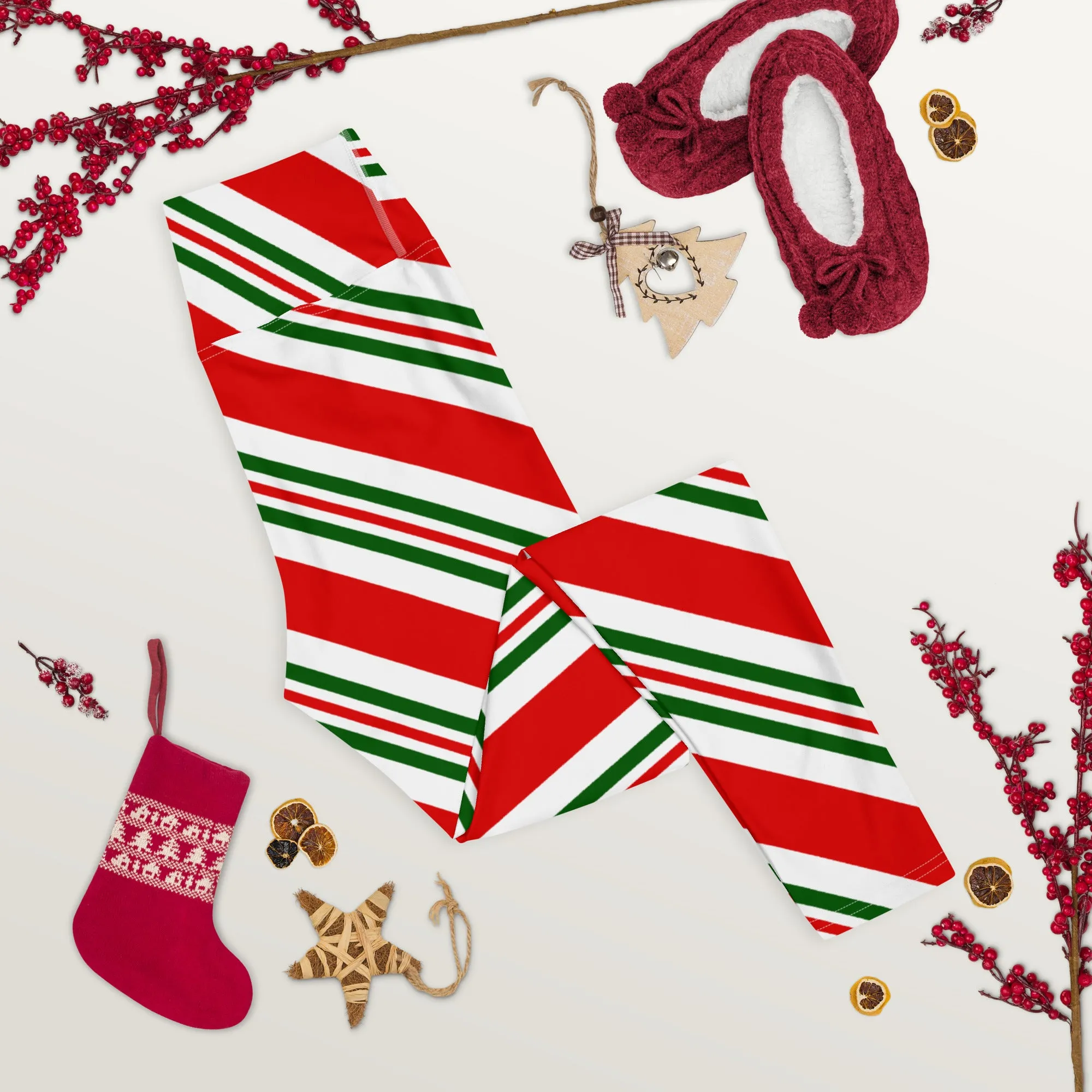 Christmas Candy Cane Leggings, High Waisted Red White Green Striped Elf Printed Yoga Workout Winter Party Women Pants