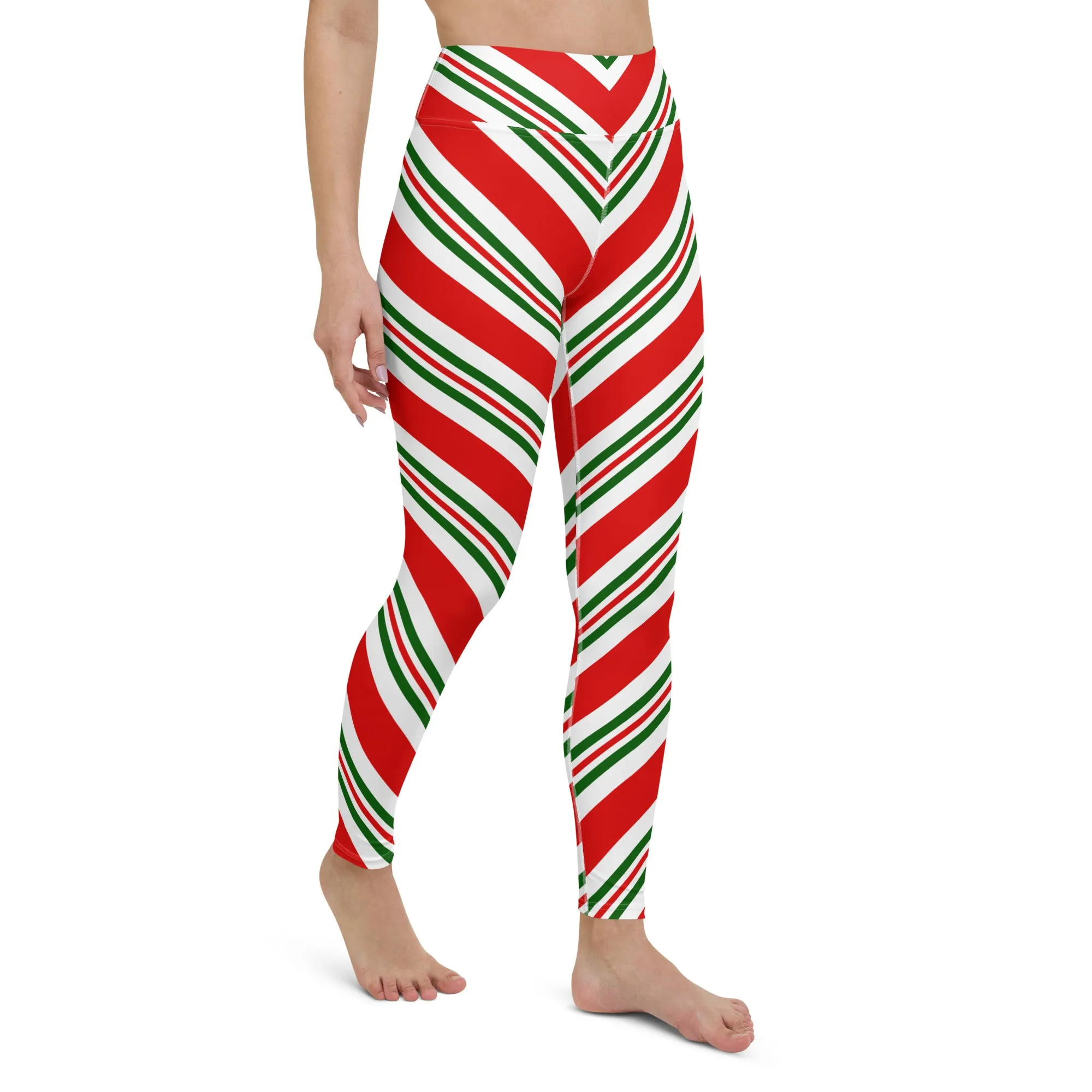 Christmas Candy Cane Leggings, High Waisted Red White Green Striped Elf Printed Yoga Workout Winter Party Women Pants