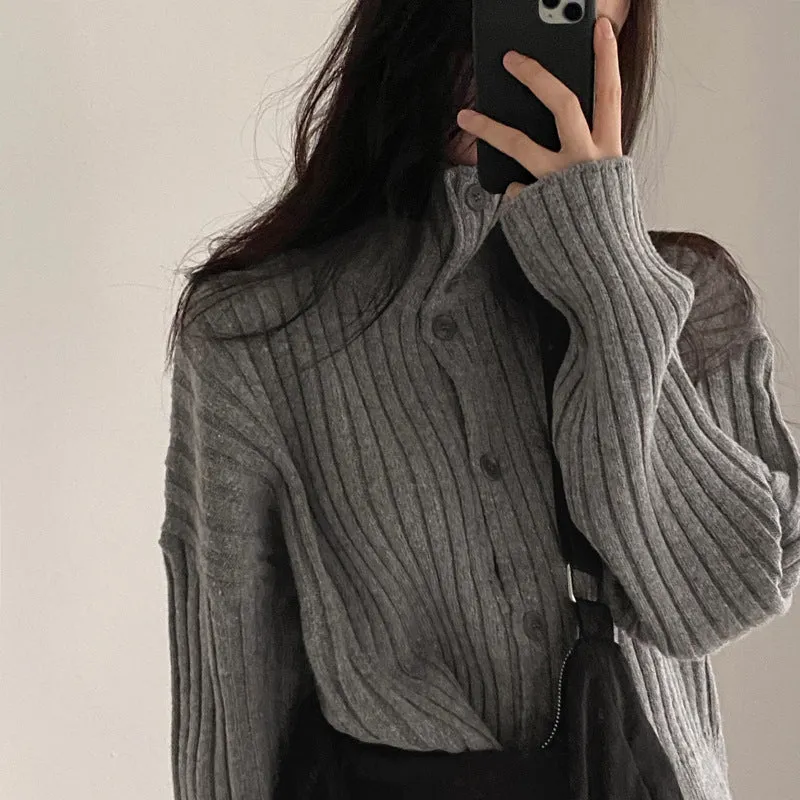 christmas outfit Sonicelife Solid Color Striped Button Front Cardigan