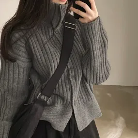 christmas outfit Sonicelife Solid Color Striped Button Front Cardigan