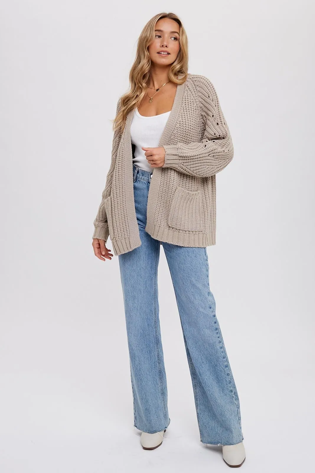 CHUNKY POINTELLE OPEN FRONT CARDIGAN